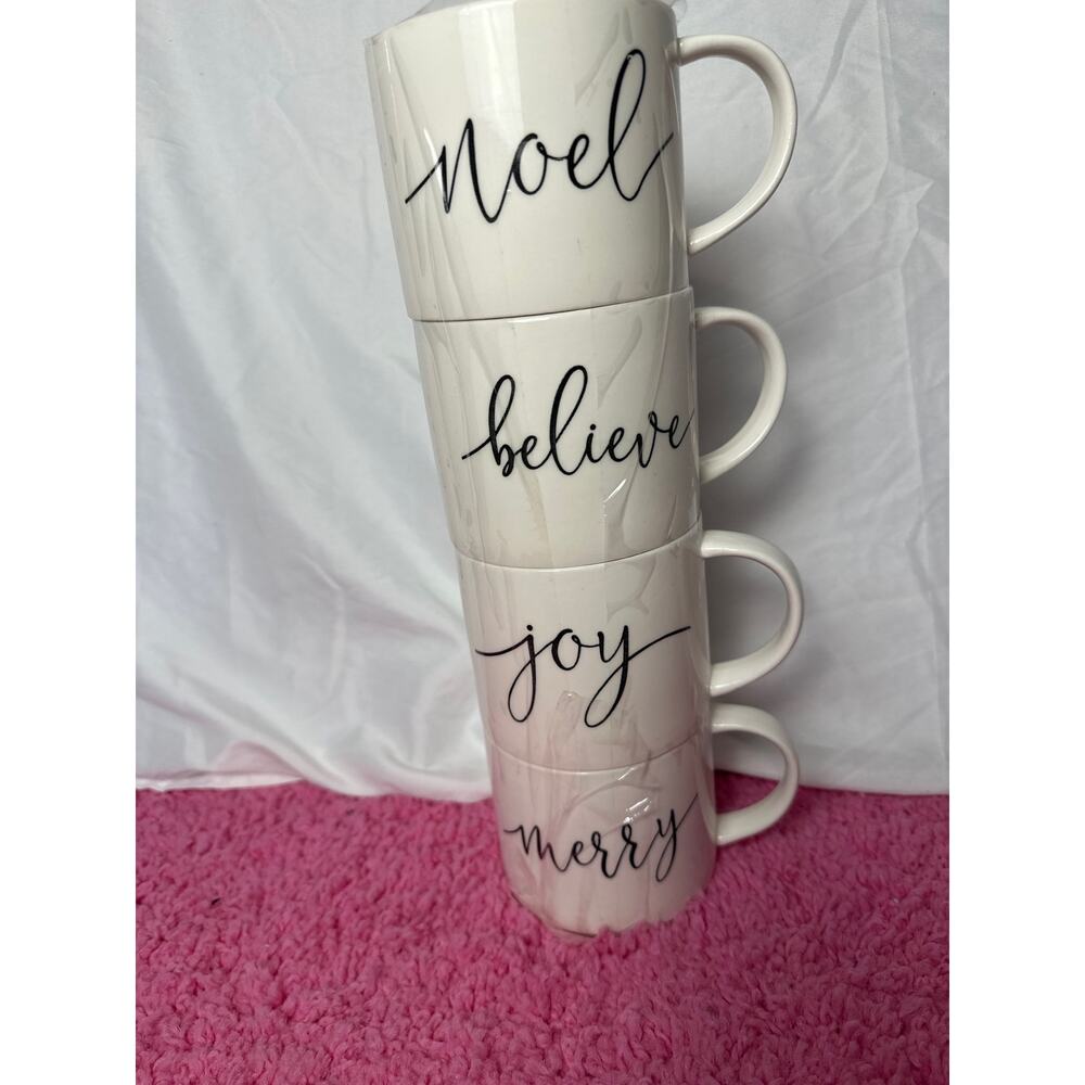 Set 4 Large Holiday Christmas Coffee Mugs Cups White Black Words Letters